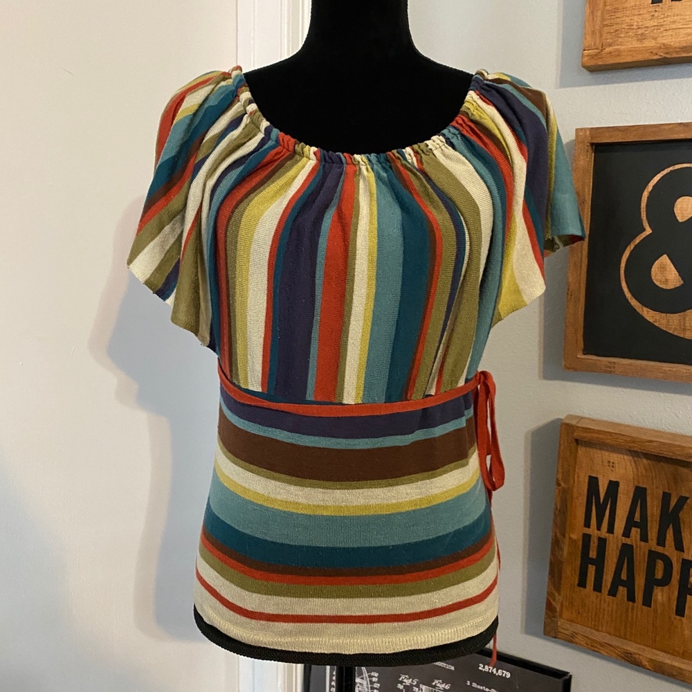 Oboe Striped Blouse Ruffled Sleeve Blouse